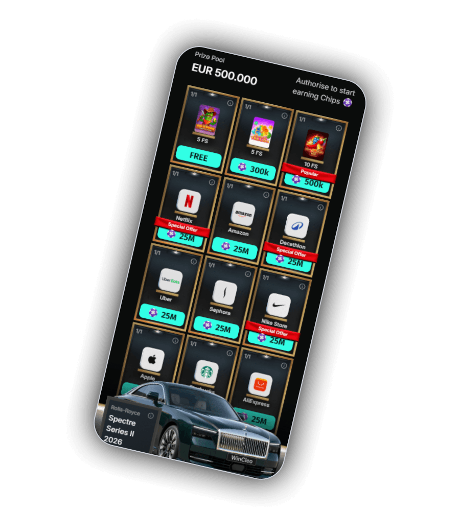 WinCleo Bonus Shop grid with a prize pool of 500,000 euro, free spin tiles and gift cards for Netflix, Amazon, Nike and a Rolls-Royce