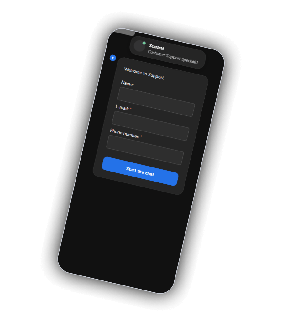 WinCleo support chat on a phone with the agent Scarlett, Name, E-mail and Phone number fields and a blue Start the chat button