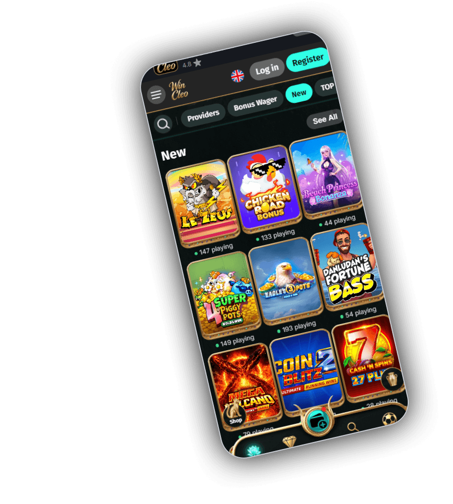 WinCleo New games row on a phone with Le Zeus, Chicken Road Bonus, Beach Princess Bonanza, Eagle's 3 Pots and Coin Blitz 2 tiles