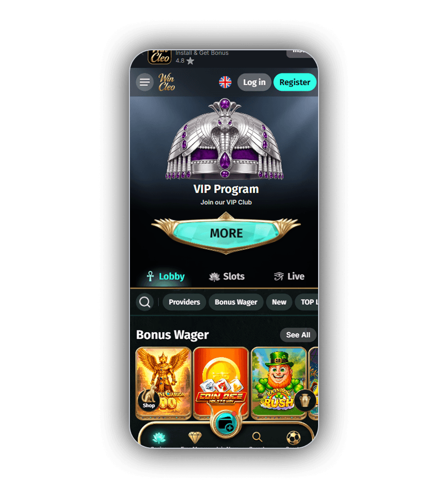WinCleo lobby on a phone with the VIP Program crown banner, the Lobby, Slots and Live tabs and the Bonus Wager row
