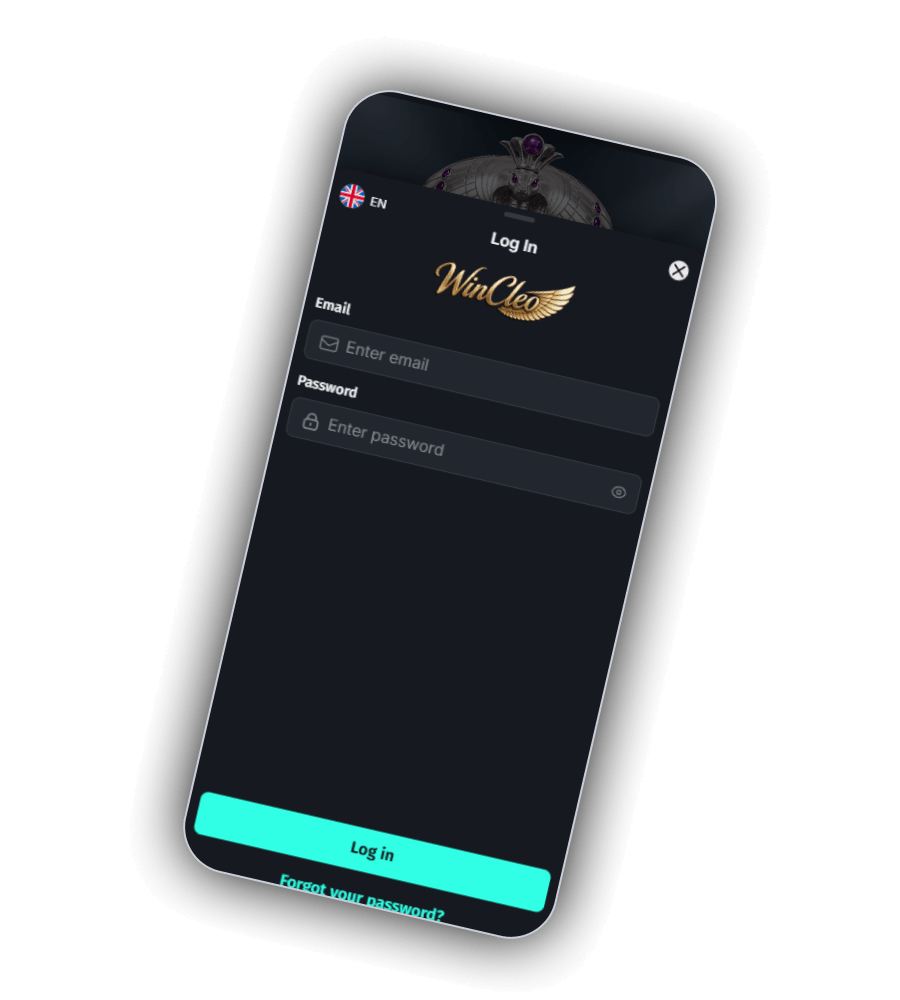 WinCleo Log In window on a phone with the winged logo, email and password fields, an aqua Log in button and a Forgot your password link