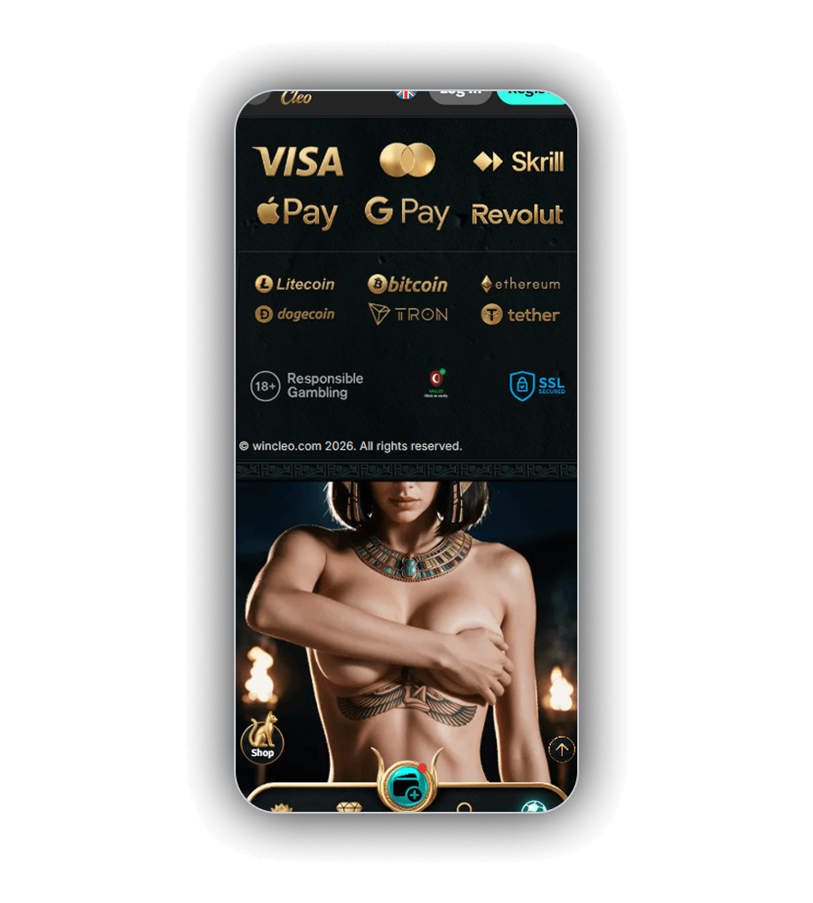 WinCleo footer on a phone with Visa, Mastercard, Skrill, Apple Pay, Google Pay, Revolut and crypto logos above the Cleopatra artwork