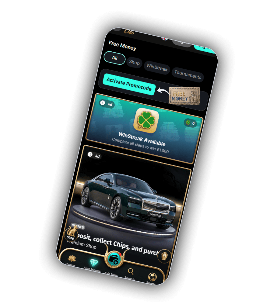 WinCleo Free Money page with the Activate Promocode button, a WinStreak card with a clover and a Premium Shop card with a Rolls-Royce