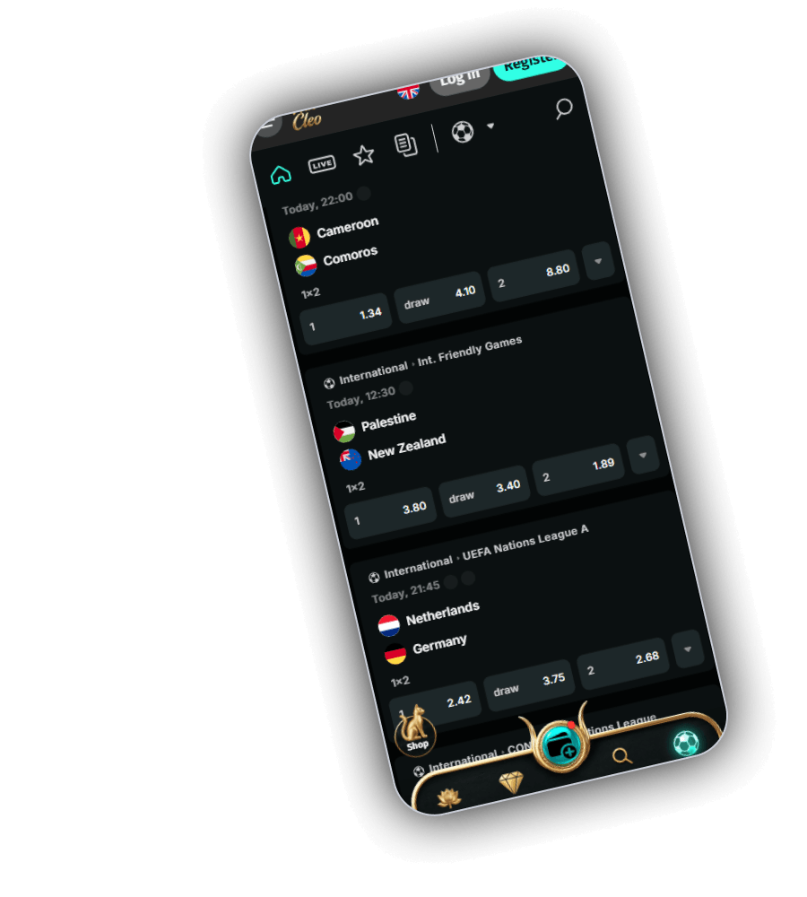 WinCleo sportsbook on a phone with 1x2 odds for Cameroon v Comoros, Palestine v New Zealand and Netherlands v Germany