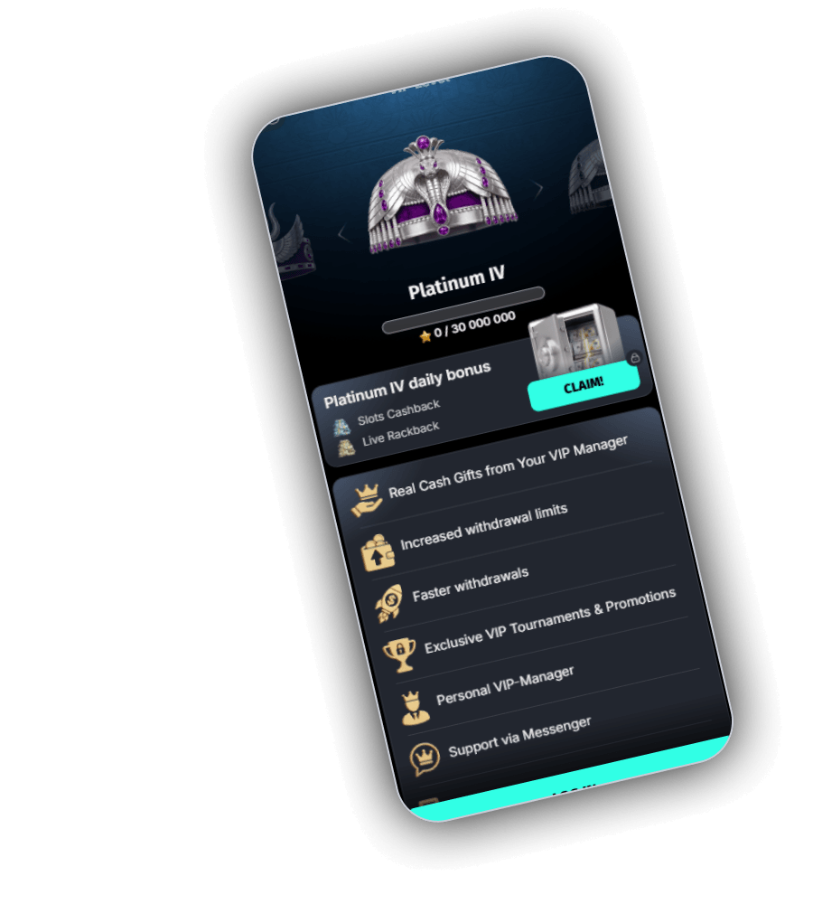 WinCleo VIP Club on a phone with the Platinum IV crown, a 0 of 30&nbsp;000 000 progress bar, a daily bonus claim and six VIP perks